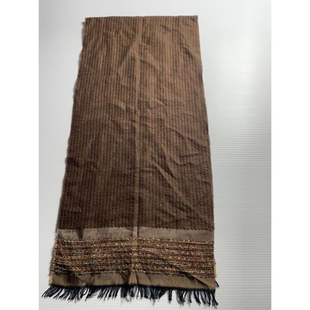 MRC Luxurious Brown Winter Scarf Metallic Gold Trim and Fringe Detail flawed